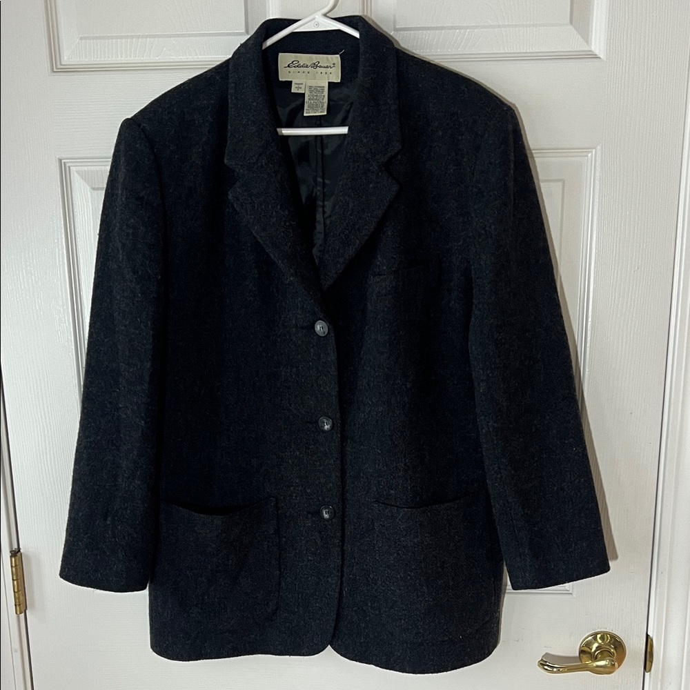 Vintage Eddie Bauer Charcoal Wool Three Button Women's Blazer Jacket, Sz Large‎
